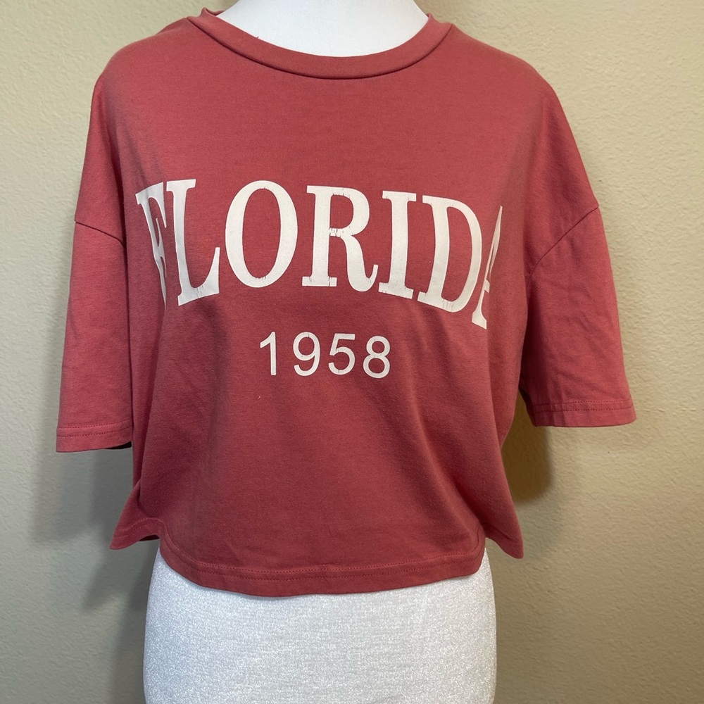 ROMWE Florida 1958 Graphic Baggy Crop Top - Red Small